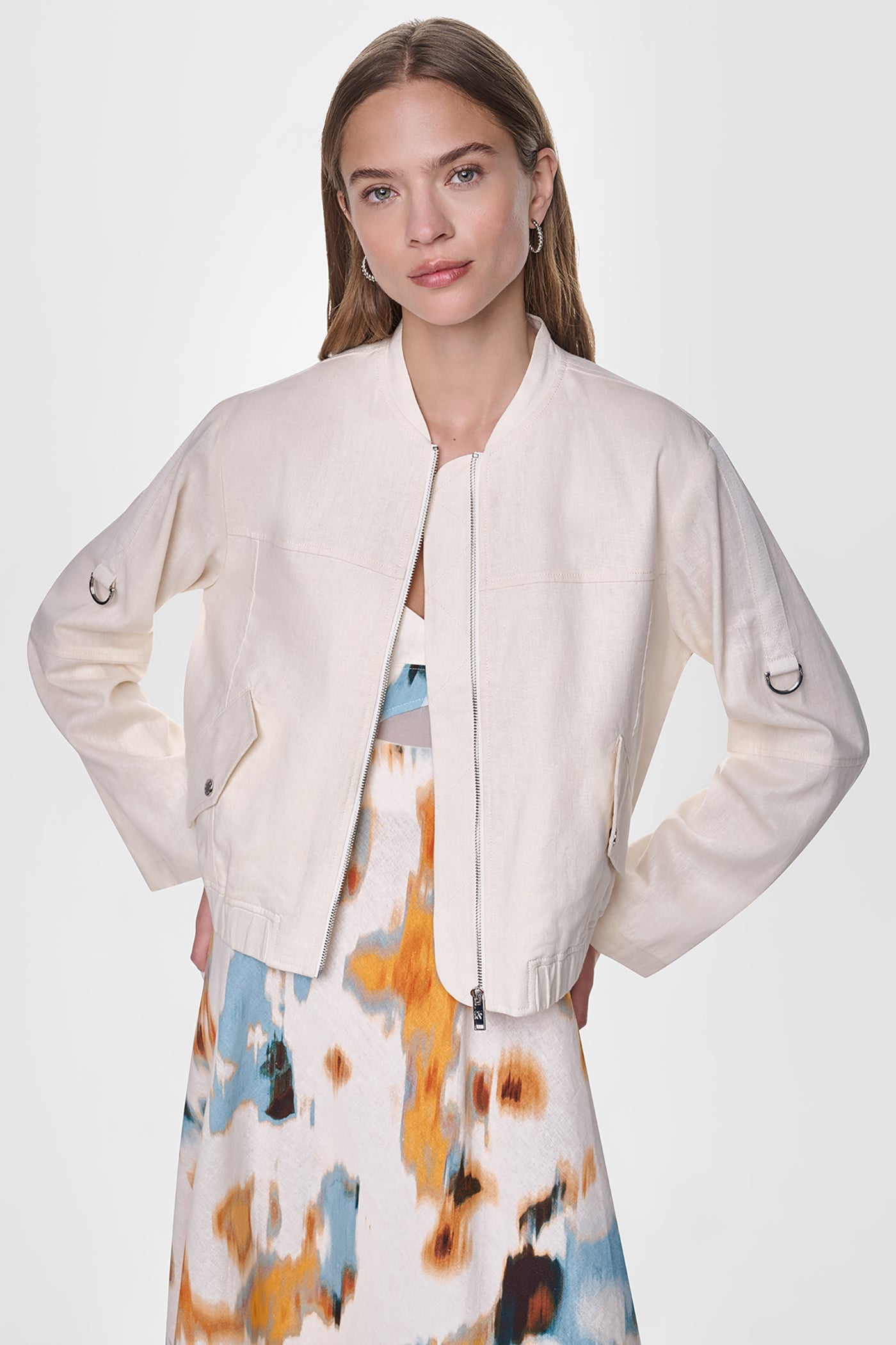 LINEN-BLEND ROLL-TAB SLEEVE BOMBER JACKET