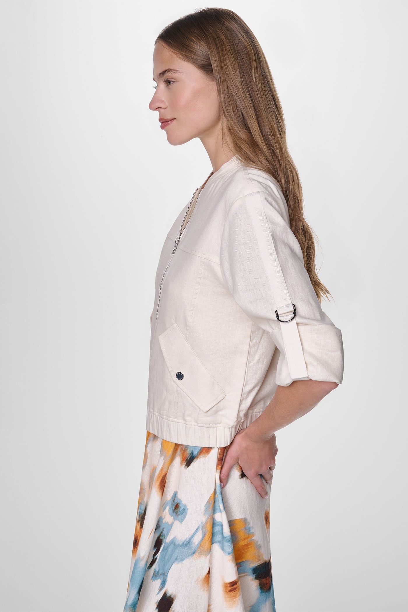LINEN-BLEND ROLL-TAB SLEEVE BOMBER JACKET