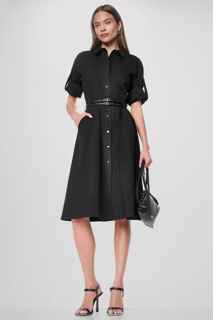 ROLL TAB BELTED POPLIN DRESS