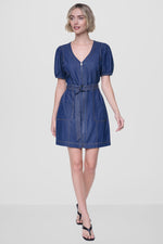 PUFF SLEEVE BELTED DENIM DRESS