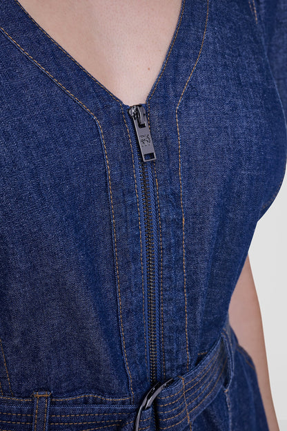 PUFF SLEEVE BELTED DENIM DRESS