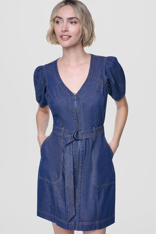 PUFF SLEEVE BELTED DENIM DRESS