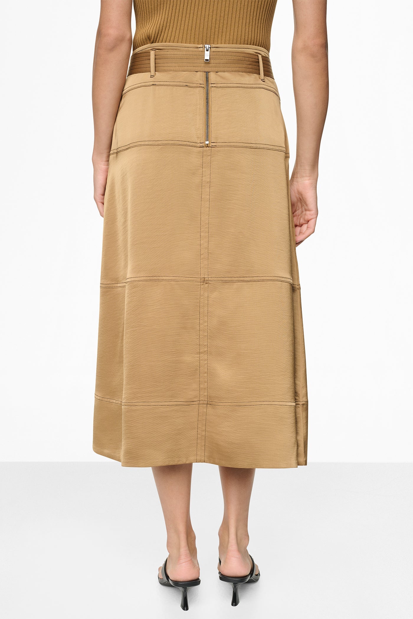 TIE WAIST CONTRAST STITCH MIDI SKIRT