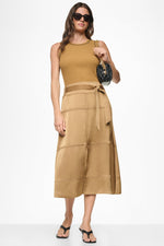 TIE WAIST CONTRAST STITCH MIDI SKIRT