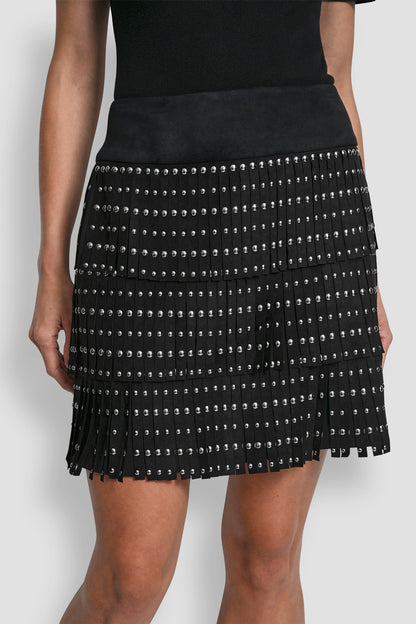 FAUX SUEDE STUDDED FRINGE MINI SKIRT