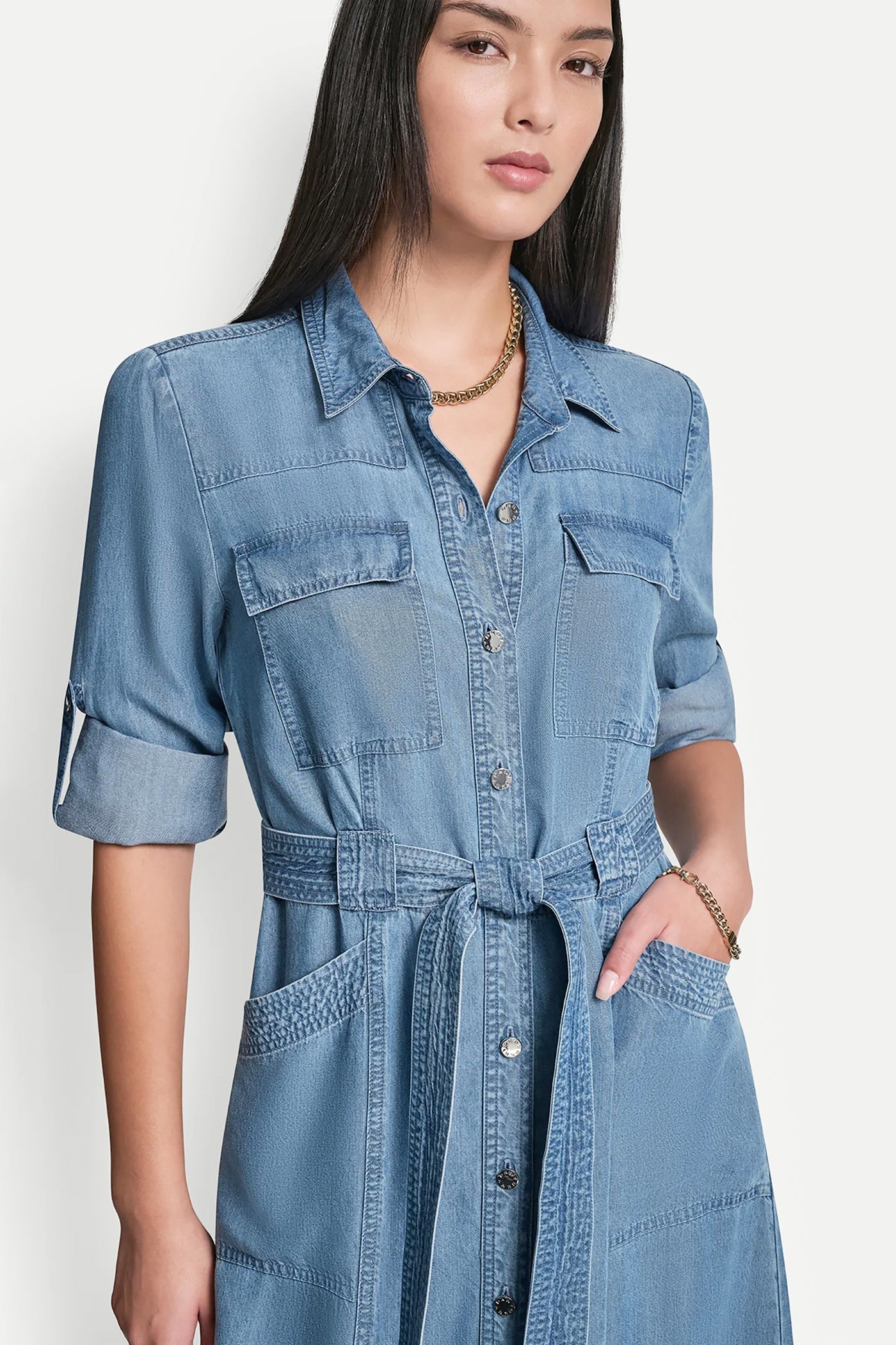 LONG SLEEVE ROLL TAB TENCEL CARGO DRESS