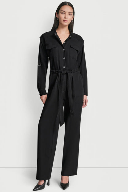 LONG SLEEVE COLLARLESS UTILITY JUMPSUIT