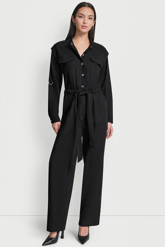 LONG SLEEVE COLLARLESS UTILITY JUMPSUIT