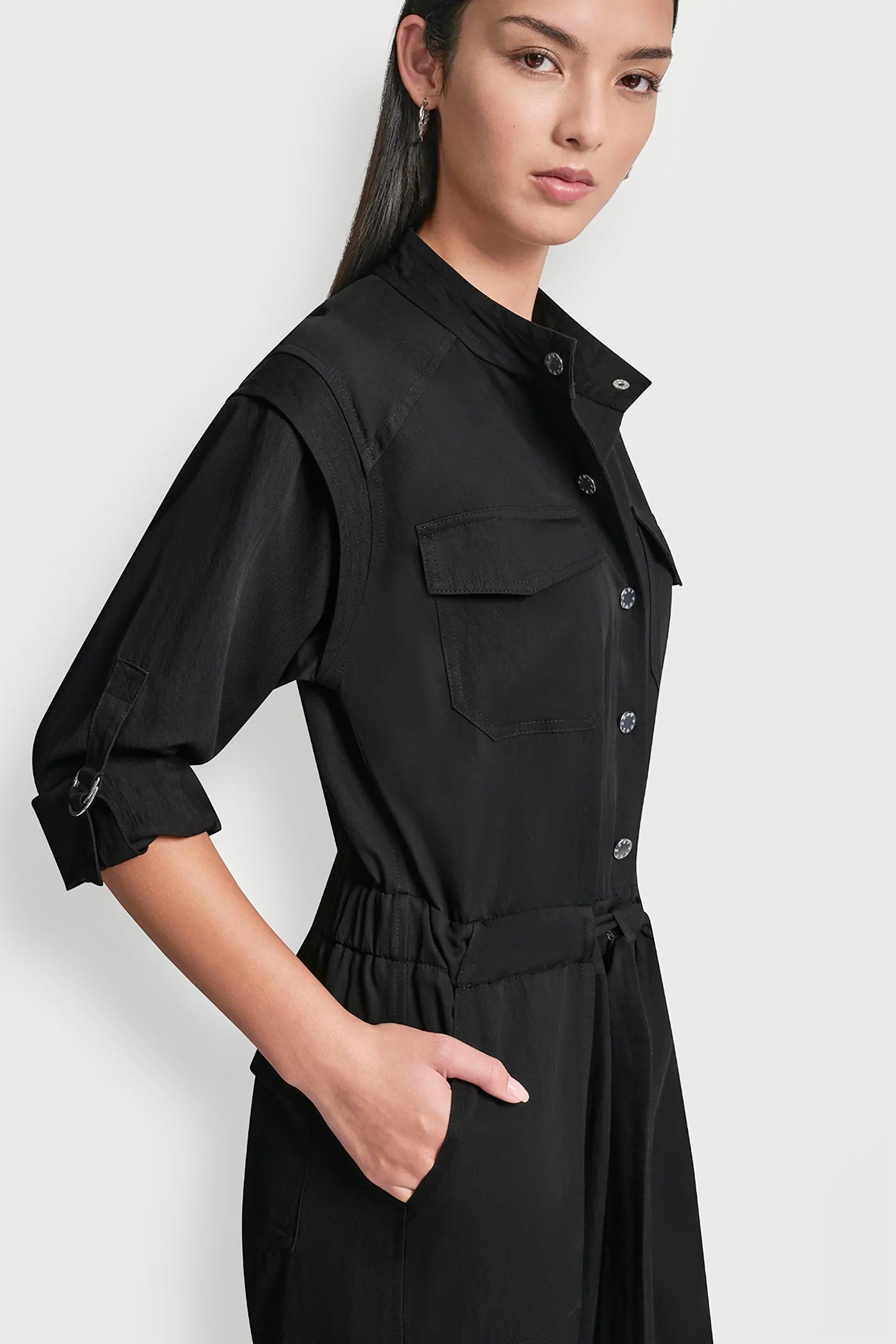 LONG SLEEVE COLLARLESS UTILITY JUMPSUIT