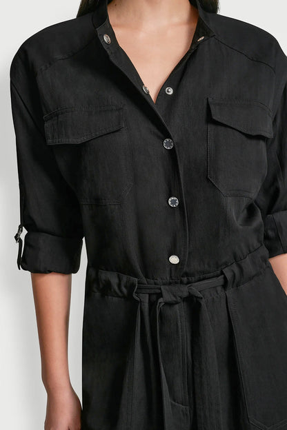 LONG SLEEVE COLLARLESS UTILITY JUMPSUIT
