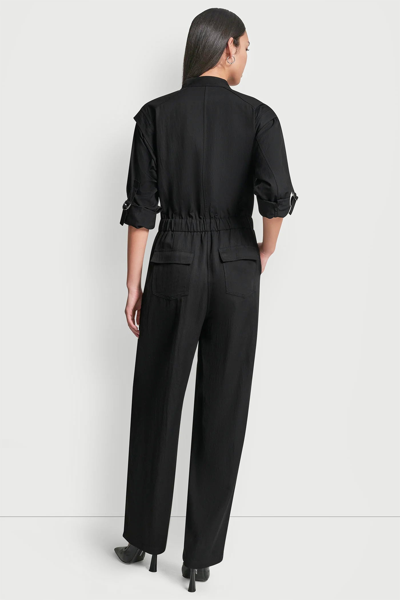 LONG SLEEVE COLLARLESS UTILITY JUMPSUIT