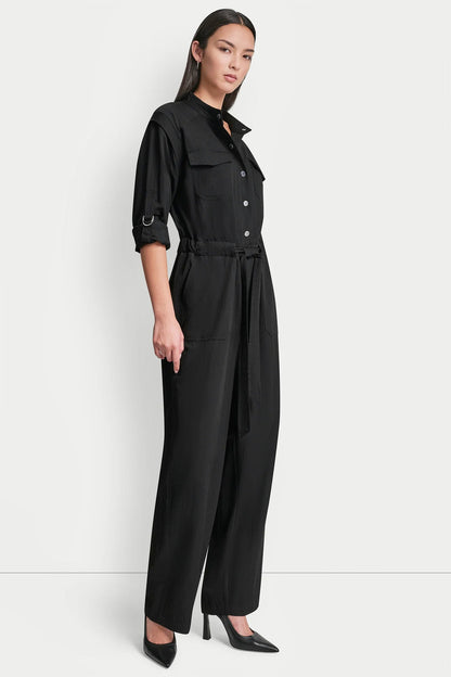 LONG SLEEVE COLLARLESS UTILITY JUMPSUIT