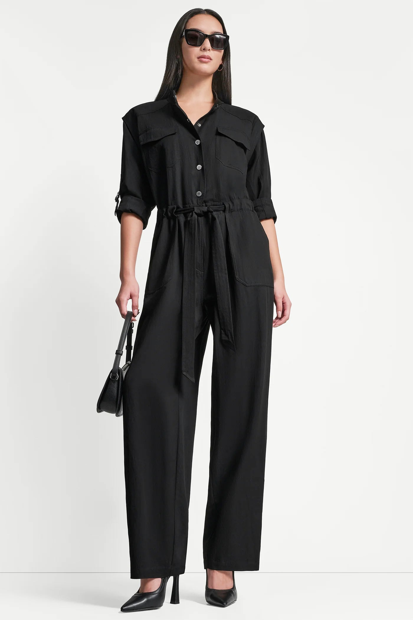 LONG SLEEVE COLLARLESS UTILITY JUMPSUIT