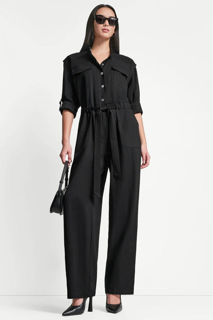 LONG SLEEVE COLLARLESS UTILITY JUMPSUIT
