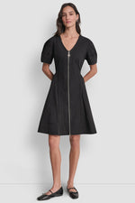 COTTON-BLEND SHORT-SLEEVE PLEATED FIT & FLARE DRESS