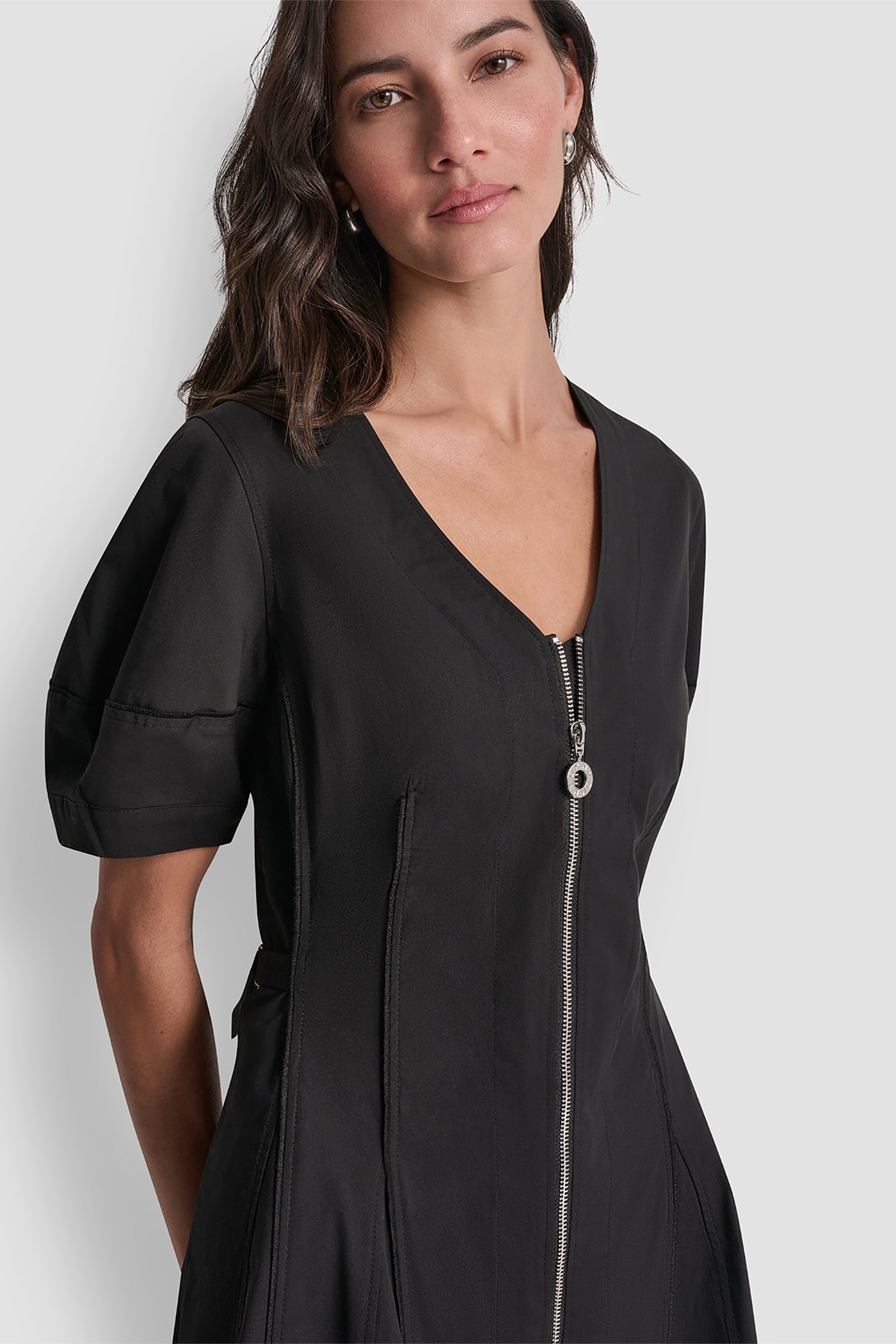 COTTON-BLEND SHORT-SLEEVE PLEATED FIT & FLARE DRESS