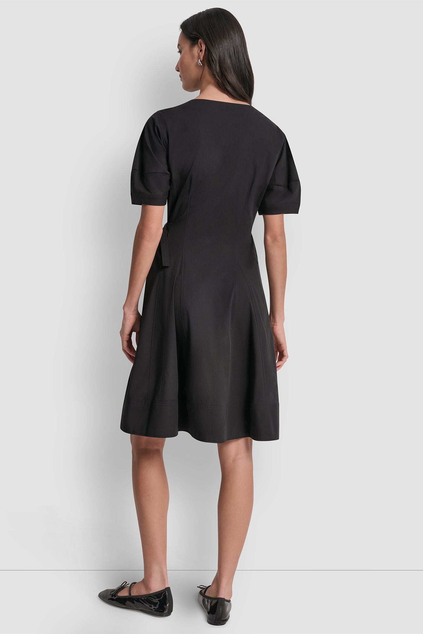 COTTON-BLEND SHORT-SLEEVE PLEATED FIT & FLARE DRESS