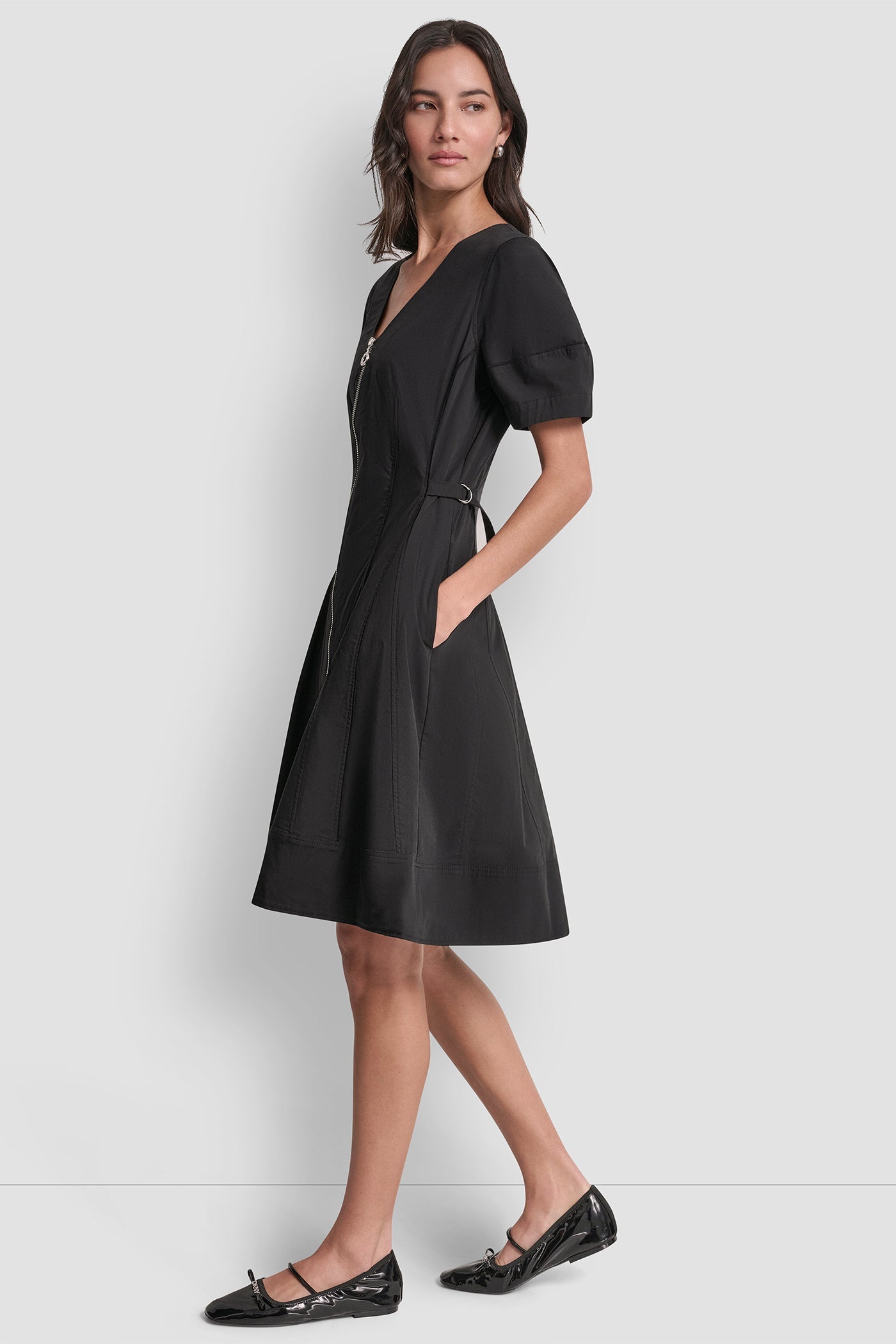 COTTON-BLEND SHORT-SLEEVE PLEATED FIT & FLARE DRESS