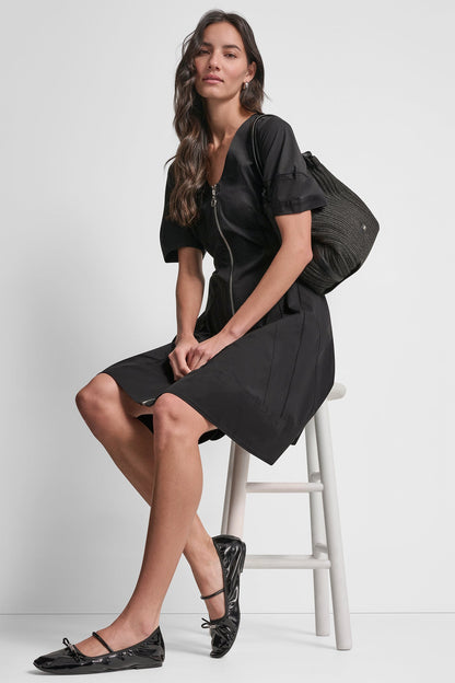 COTTON-BLEND SHORT-SLEEVE PLEATED FIT & FLARE DRESS