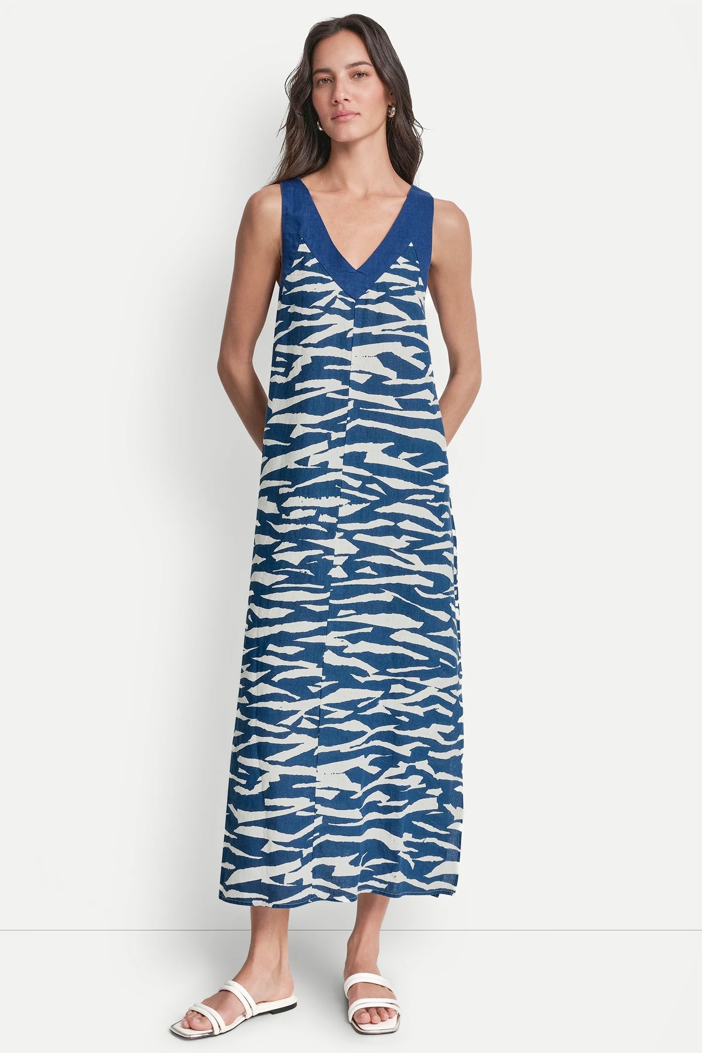 LINEN SLEEVELESS COLOR-BLOCK MIDI DRESS