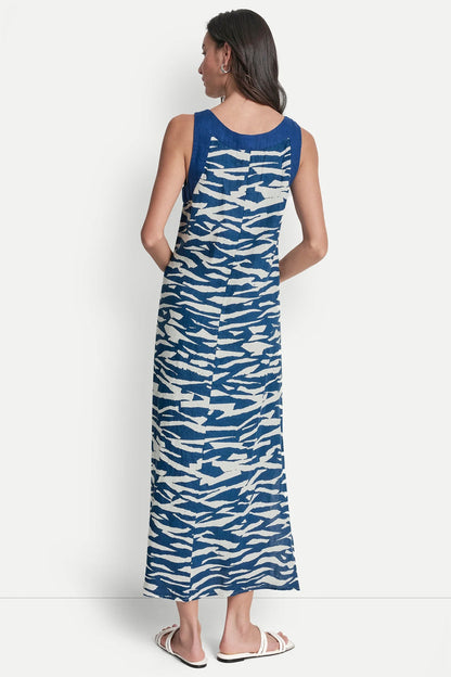 LINEN SLEEVELESS COLOR-BLOCK MIDI DRESS