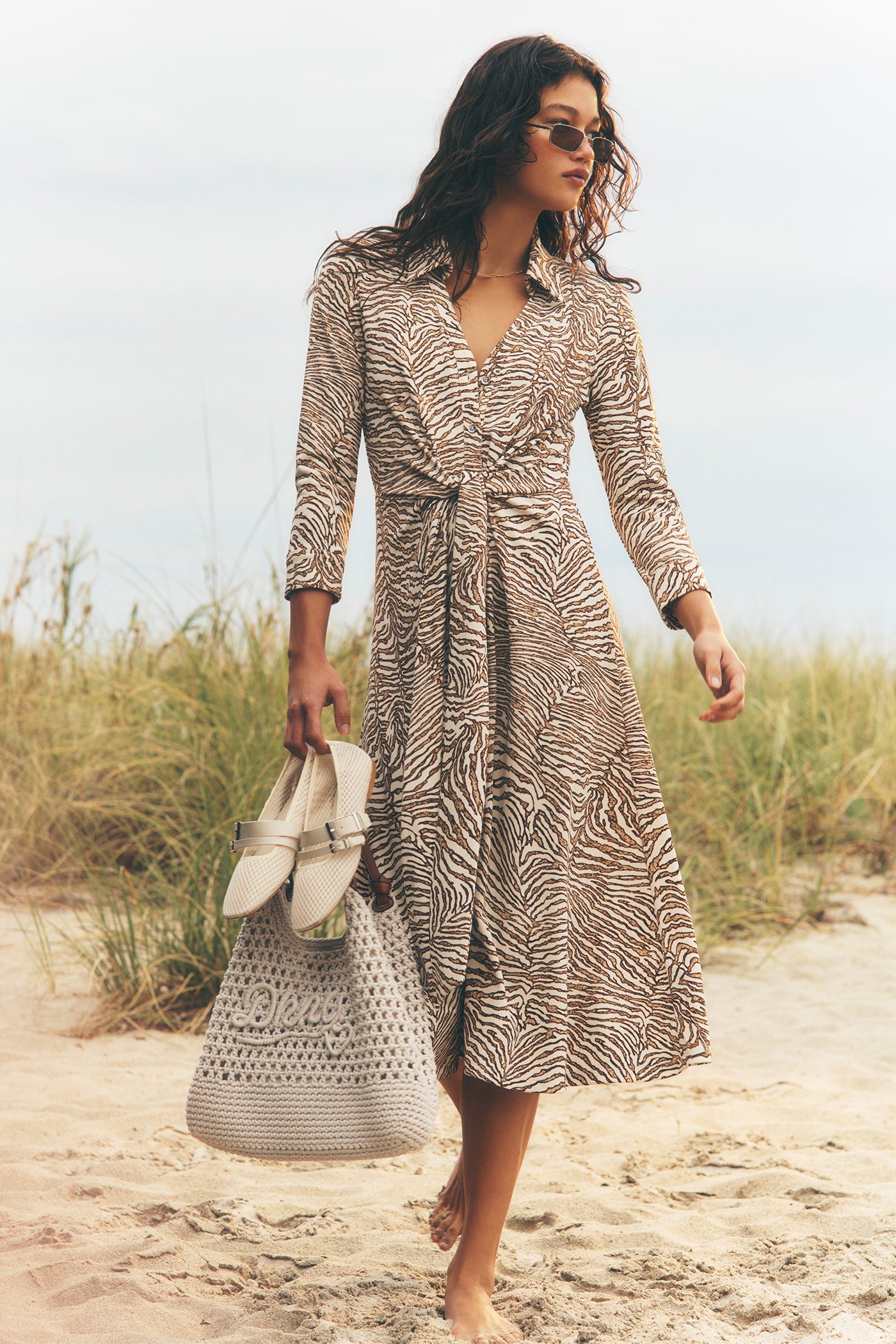 3/4 SLEEVE ZEBRA PRINT TIE-FRONT MIDI SHIRT DRESS