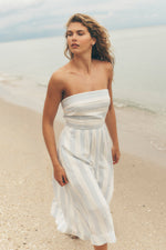 LINEN-BLEND STRAPLESS STRIPE DRESS